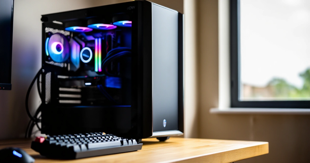 Pelitietokone RGB-valoilla pöydällä luonnonvalossa