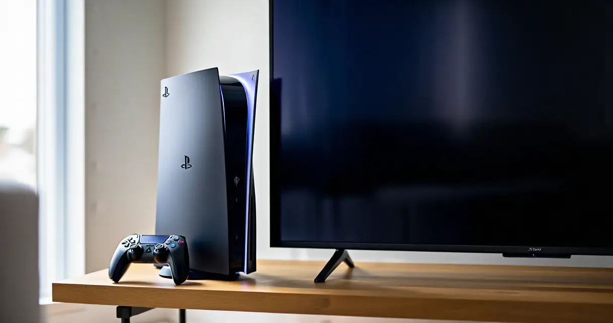 PlayStation 5 -pelikonsoli ja DualSense-ohjain olohuoneessa television vieress&auml;