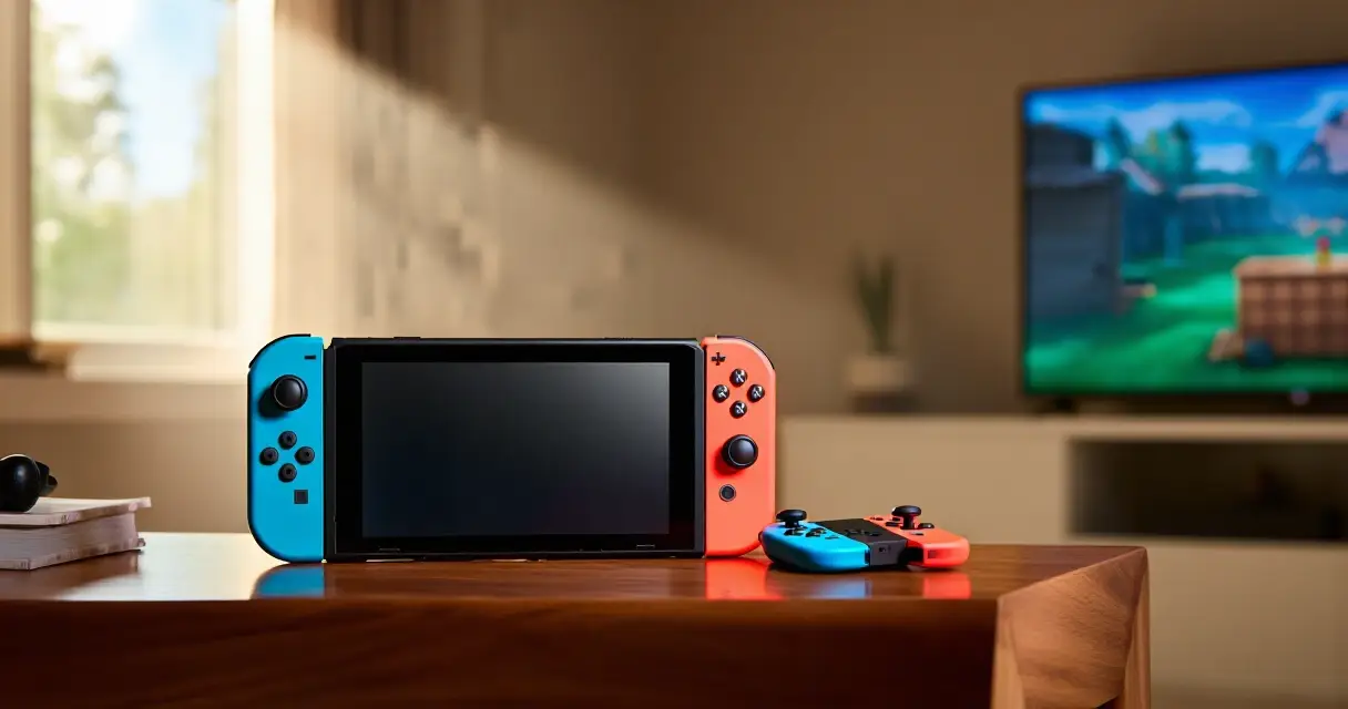 Nintendo Switch 2 -pelikonsoli puupöydällä olohuoneessa luonnonvalossa