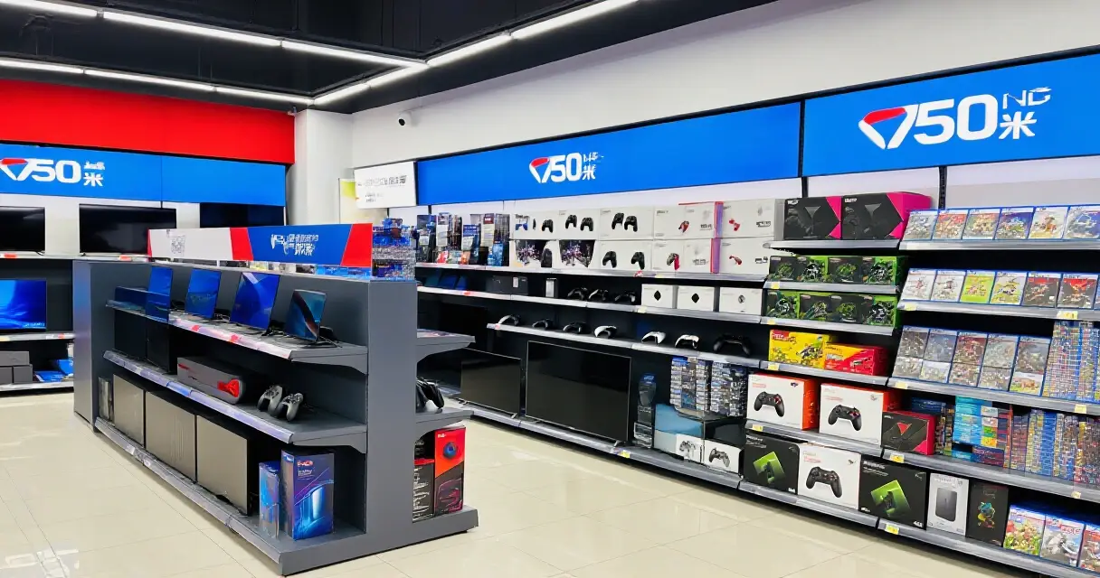 Pelikonsoleja hypermarketin elektroniikkaosastolla, siisti esille asettelu