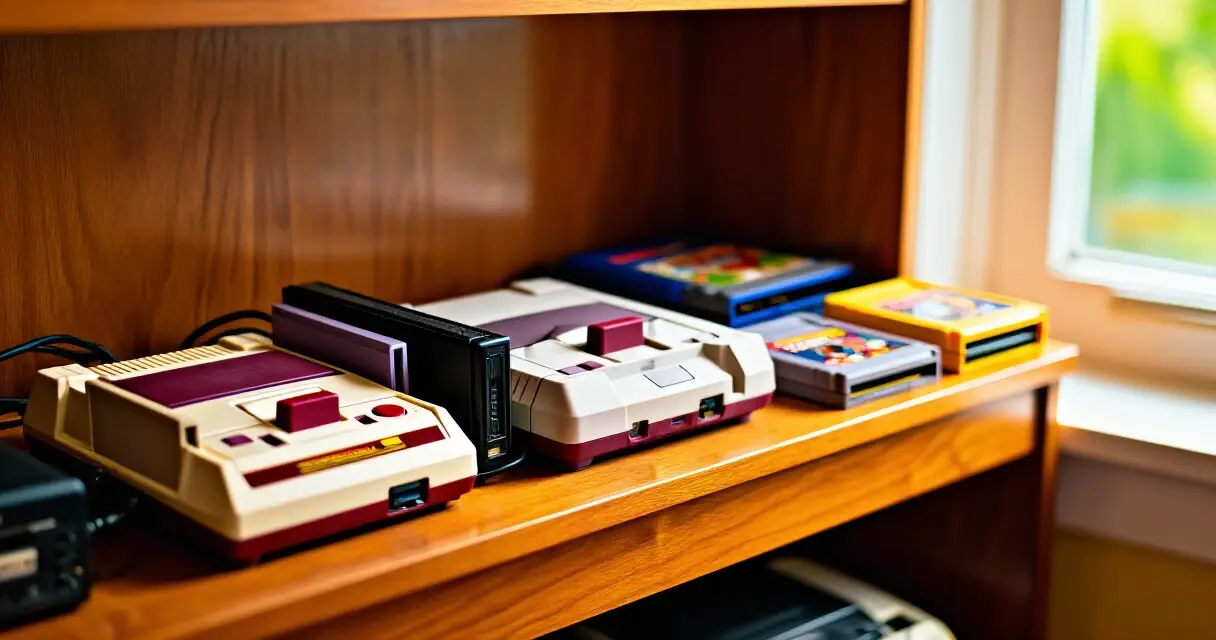 Pelikonsoli retro -kokoelma hyllyssä, vintage-konsolit järjesteltyinä