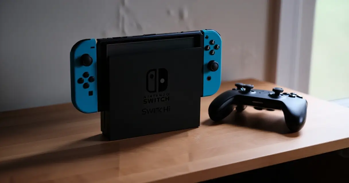 Nintendo Switch 2 -konsoli puupöydällä pehmeässä luonnonvalossa