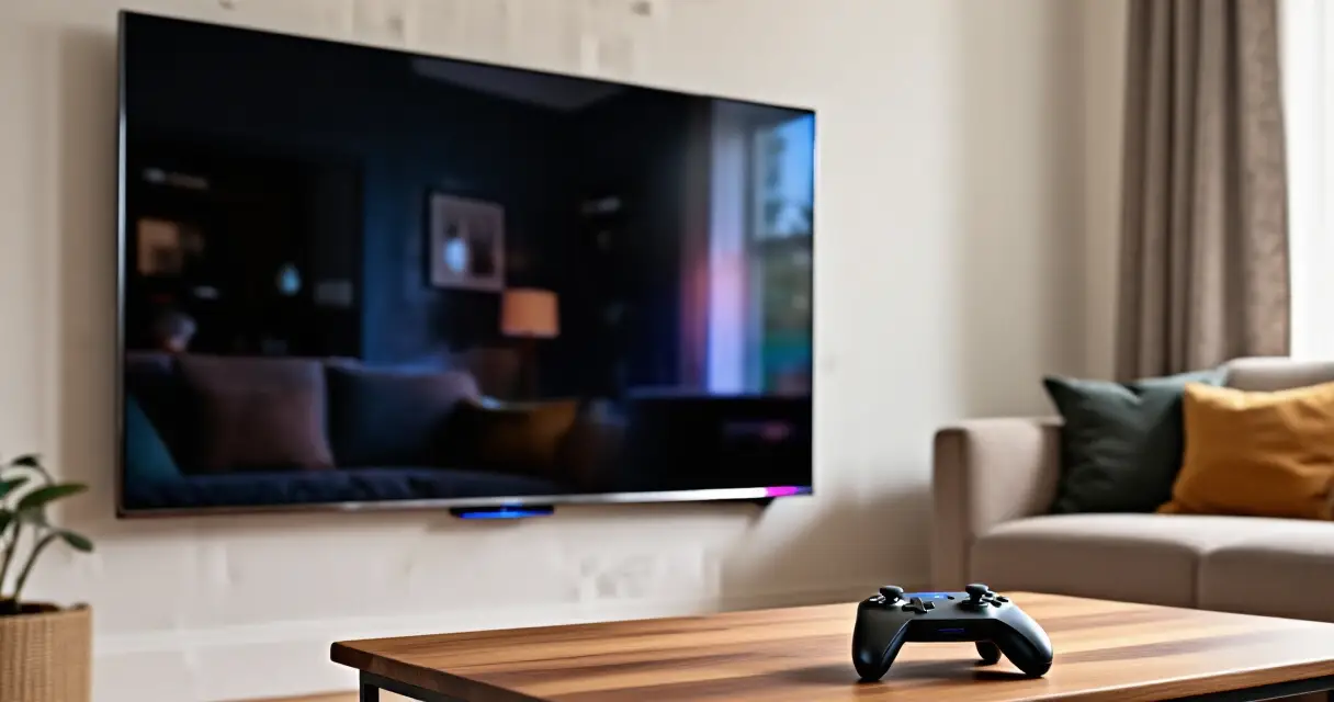Moderni olohuone peliohjaimen kanssa p&ouml;yd&auml;ll&auml; &ndash; pelikonsoli osana kodin viihdej&auml;rjestelm&auml;&auml;