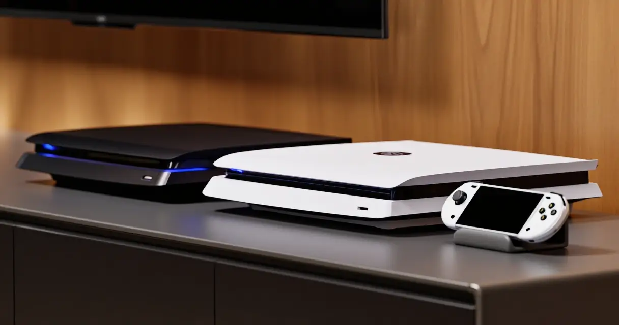 Kolme erilaista pelikonsolia rinnakkain hyllyll&auml; &ndash; PS5, Xbox ja Nintendo Switch