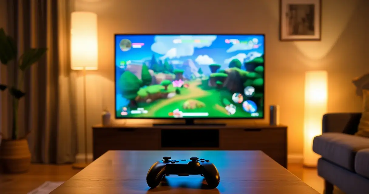 Moderni olohuone pelikonsolik&auml;yt&ouml;ss&auml;, TV ja ohjain etualalla