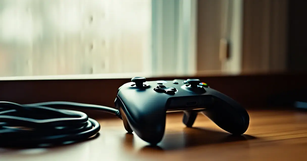 Xbox-peliohjaimen lähikuva puupöydällä luonnonvalossa