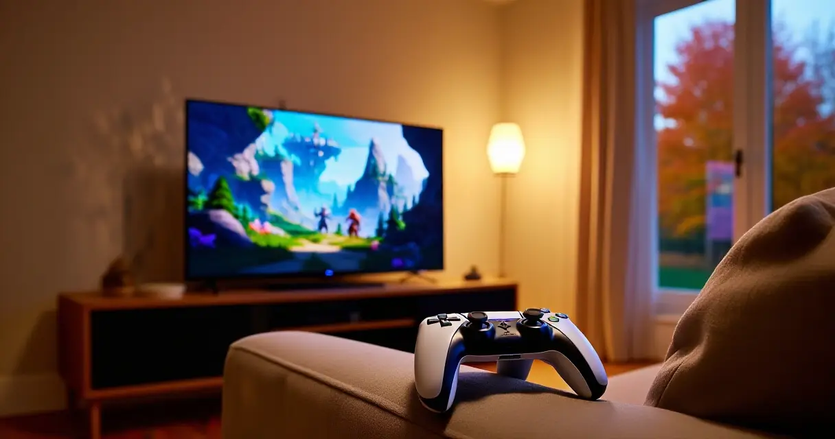 PS5-ohjain sohvalla ja fantasiapeli televisiossa syksyisessä olohuoneessa