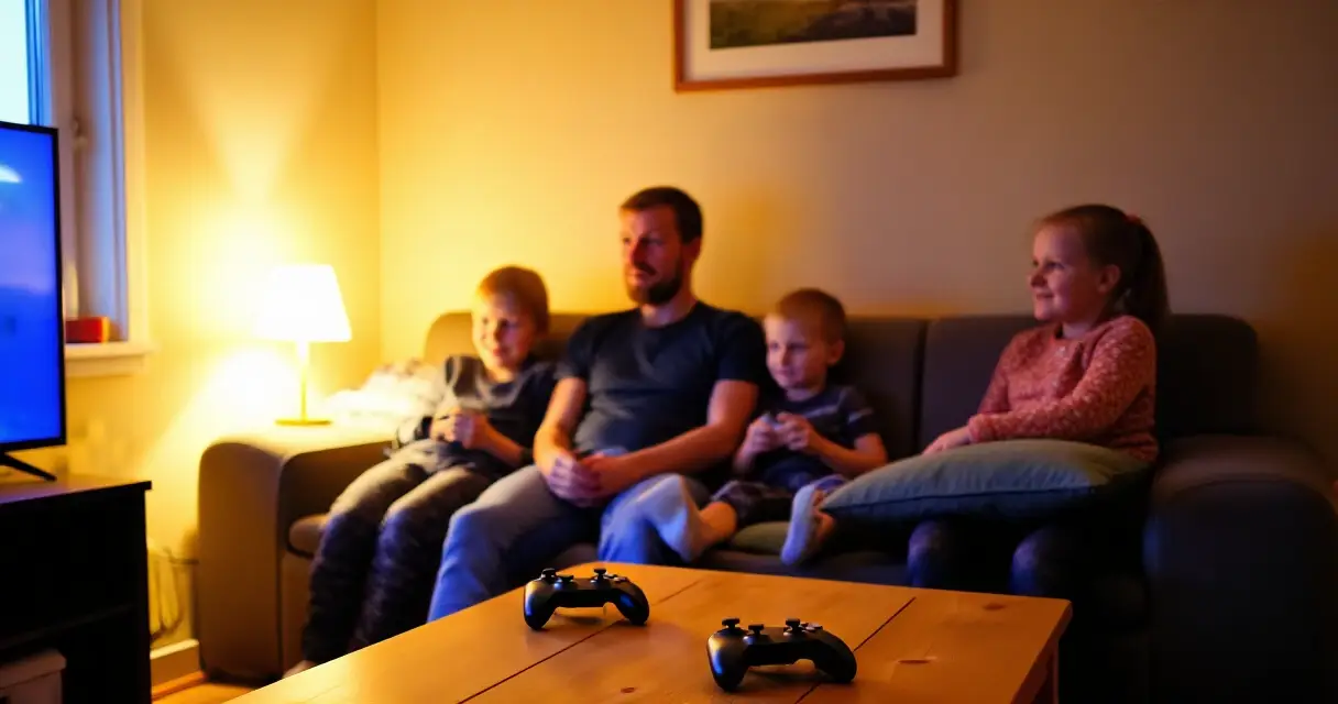 Perhe pelaamassa yhdess&auml; olohuoneessa illalla