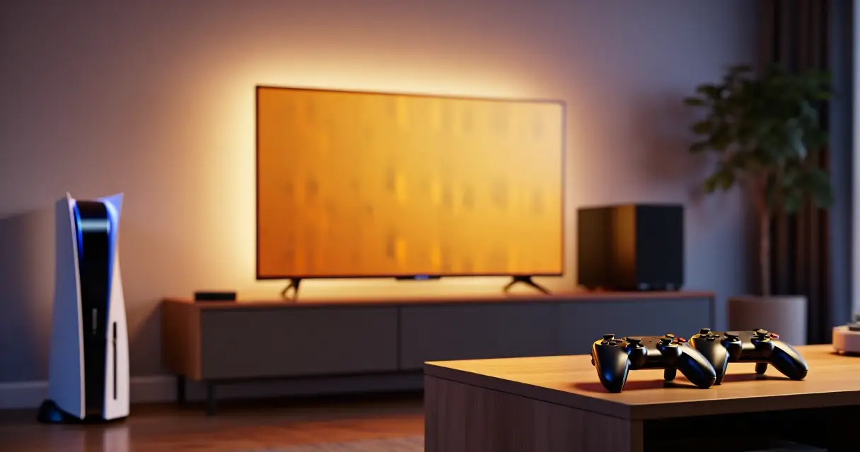 PS5- ja Xbox-tyyppiset pelikonsolit ja ohjaimet olohuoneen p&ouml;yd&auml;ll&auml; television edess&auml;