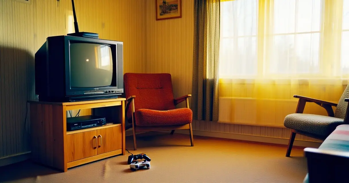 Suomalainen olohuone 1990-luvun lopulla pelikonsolin kanssa