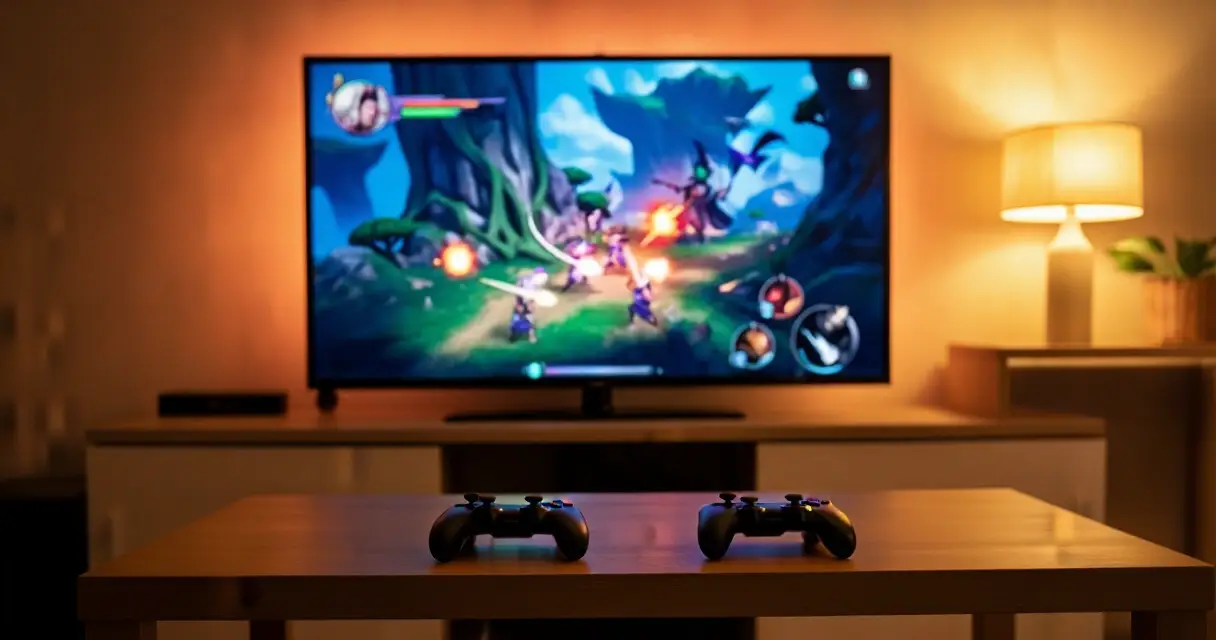 Olohuone jossa televisio n&auml;ytt&auml;&auml; v&auml;rik&auml;st&auml; JRPG-taistelua ja ohjaimet p&ouml;yd&auml;ll&auml;