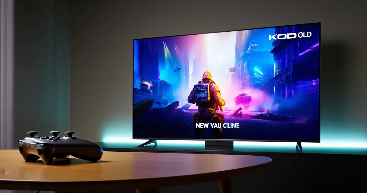 PS5-pelikokoonpano OLED-televisiolla olohuoneessa pehmeässä valaistuksessa