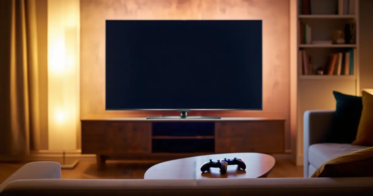 Pelikonsolin ohjaimet olohuoneen sohvapöydällä television edessä