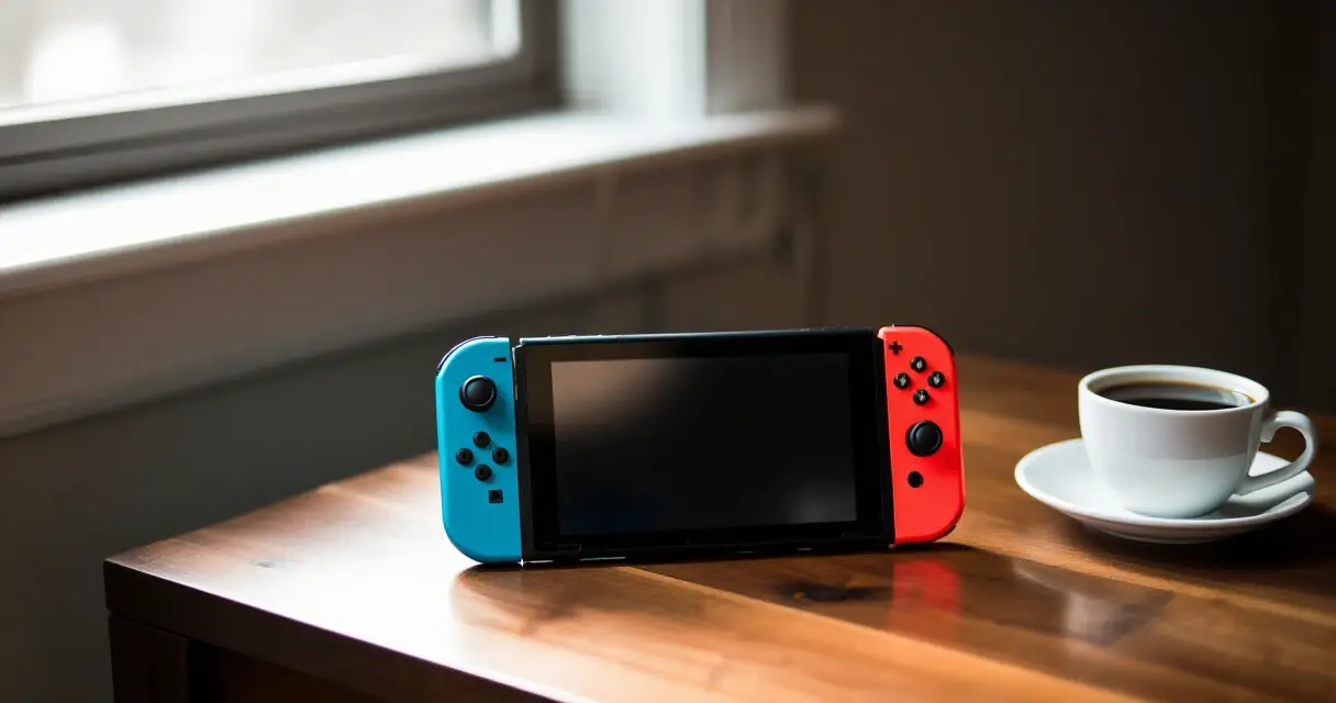 Kannettava pelikonsoli Nintendo Switch 2 pöydällä luonnonvalossa