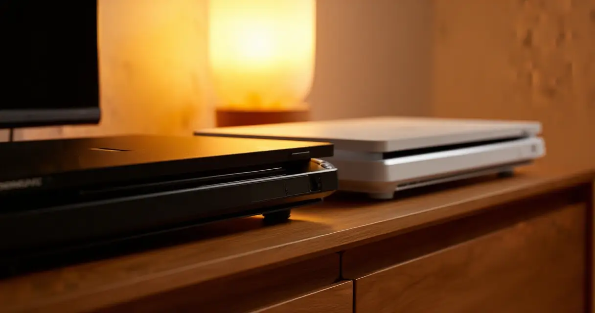 PS5 Pro ja Xbox Series X rinnakkain olohuoneen tv-tasolla